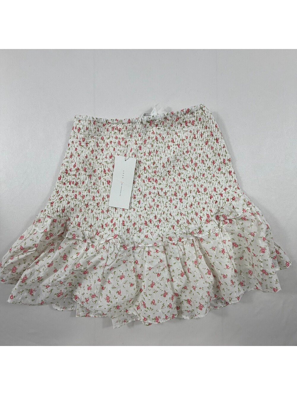 Lush White Pink Floral Smocked Ruffle Mini Skirt Size S